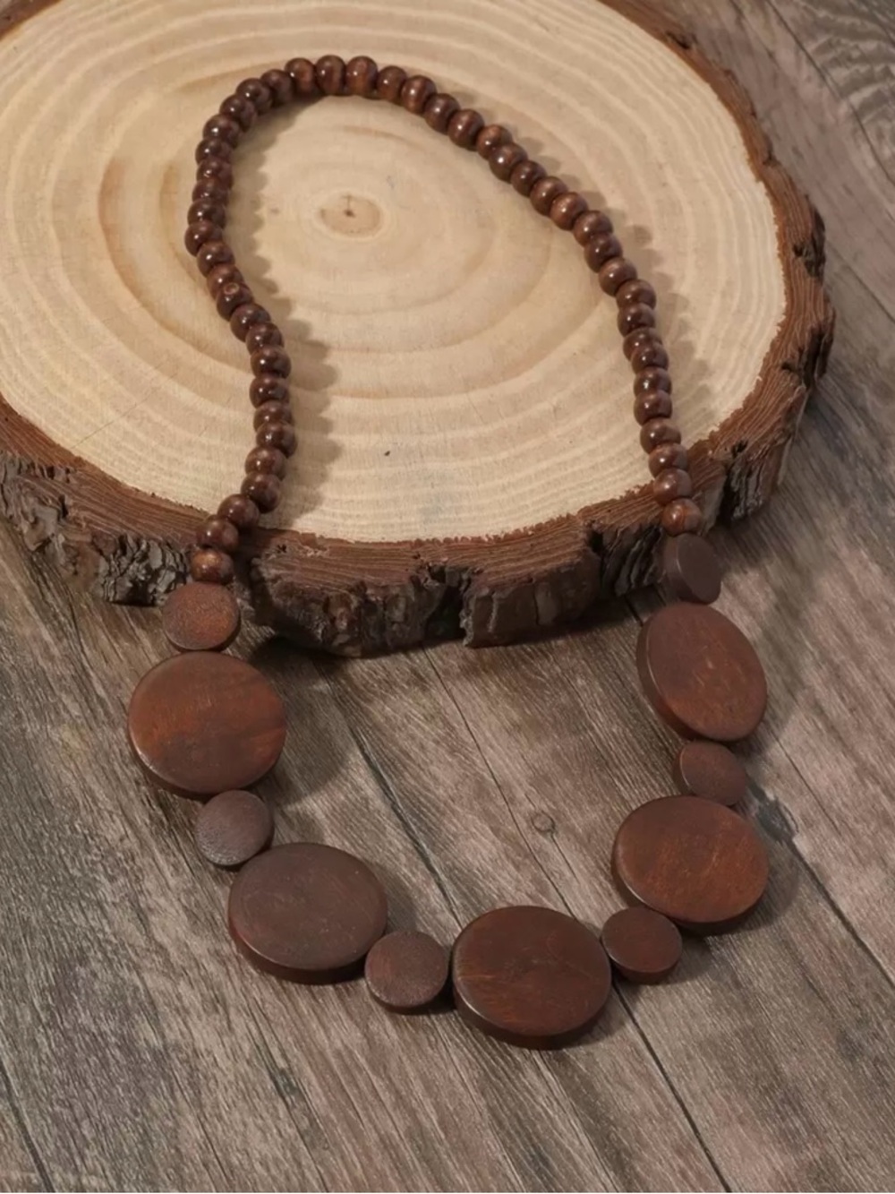 Rust Brown Wooden Disc Bead Necklace - Picture 3 of 3